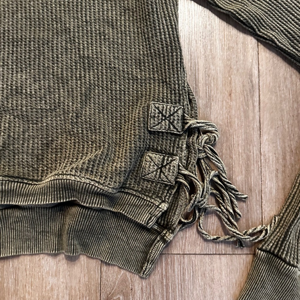Free People FP One Olive Green Waffle Knit Thermal Fringe Lace Up Top Large - Picture 2 of 8